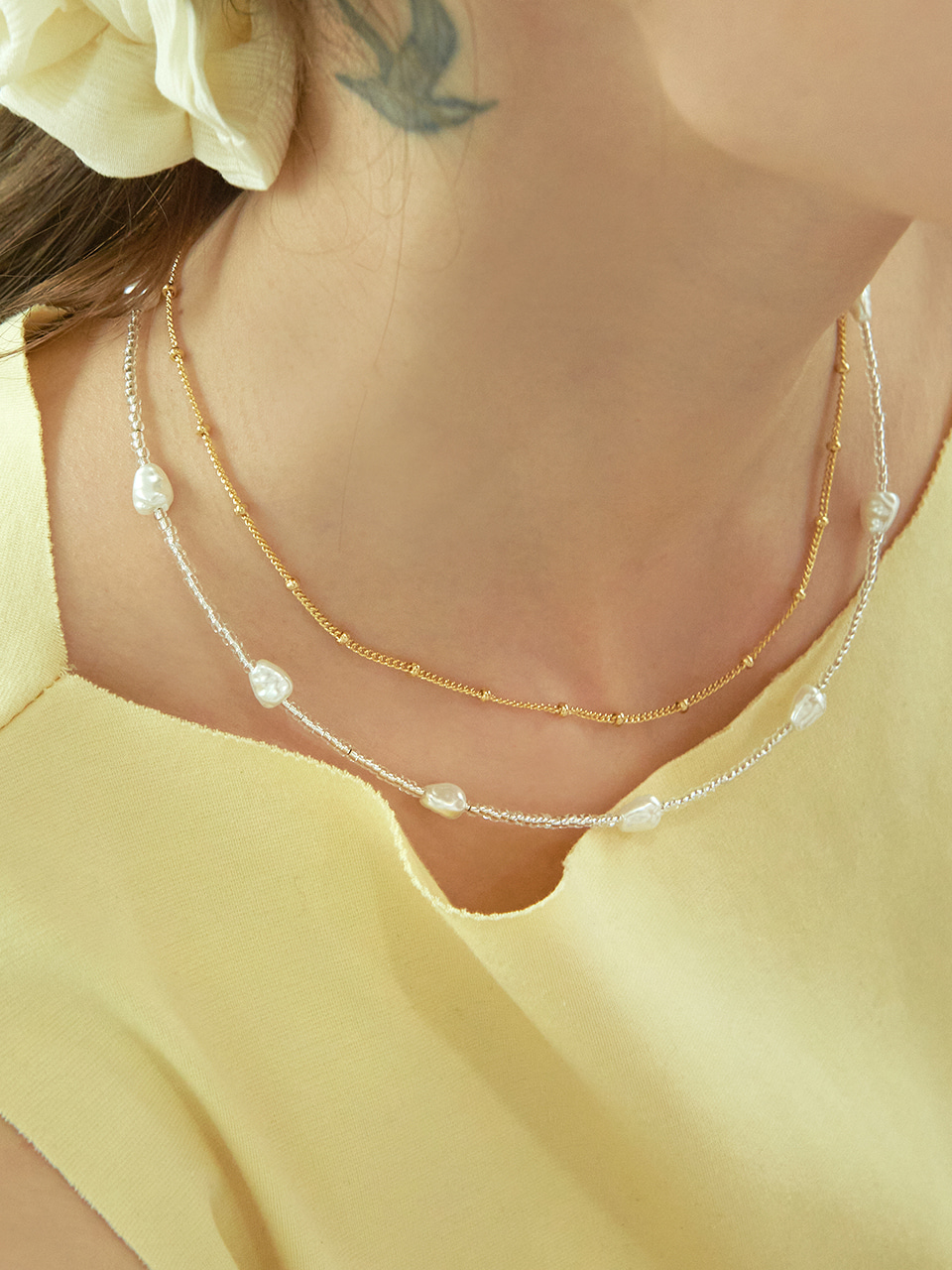 [모모랜드 주이 오마이걸 비니 있지 리아 위클리 지윤 착용] pearl bijou layered necklace